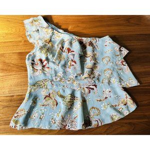 Amaryllis Ruffled One Shoulder Floral Top Size S Light Blue Brown Flowers Blouse